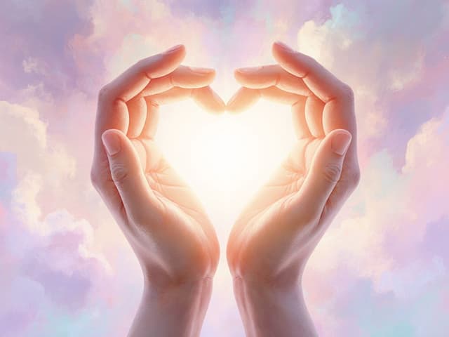 Artistic representation of self-love with hands forming heart around warm light