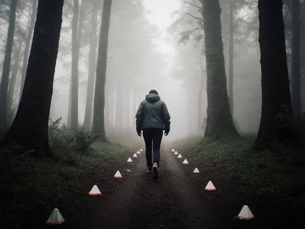 Person confidently walking through misty forest representing overcoming inner obstacles