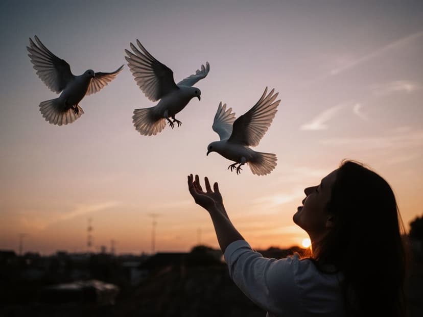 Person releasing white doves at sunset representing forgiveness and letting go of the past