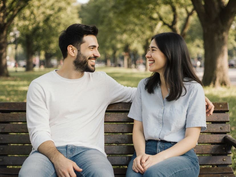 Two people in authentic conversation with open body language representing healthy relationship communication